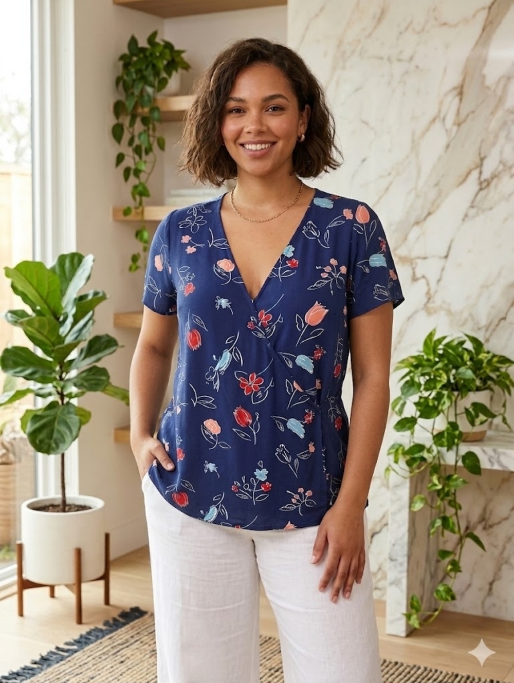 Mod Cloth blue floral blouse Womens Small Short Sleeve V Neck Garden Modcloth